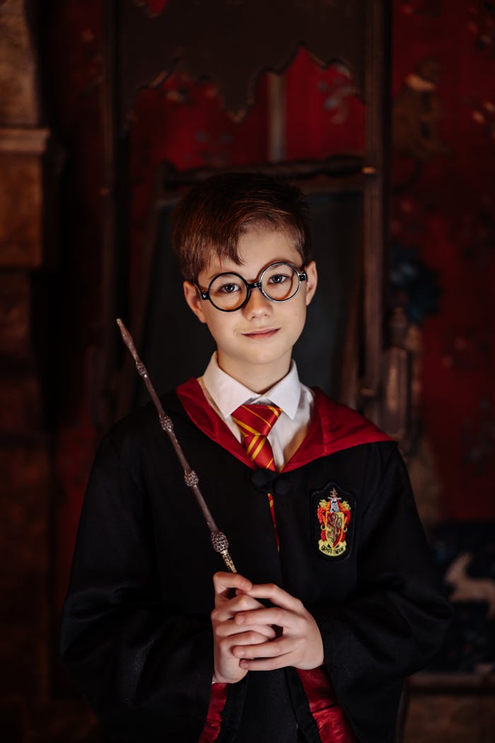 Child dressed as a wizard holding a wand, embodying fantasy and wizardry themes.